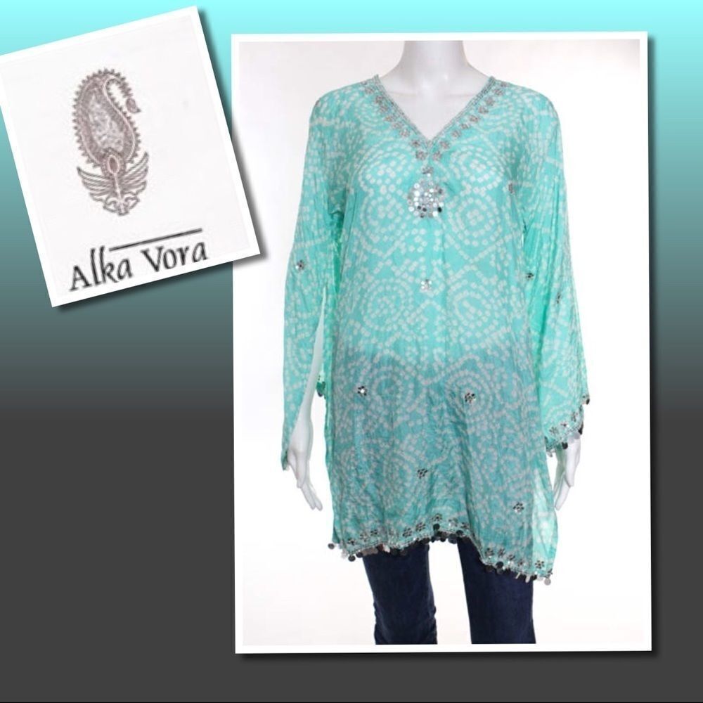 Alka Vora Seafoam Green Silver Sequin Tunic Top S